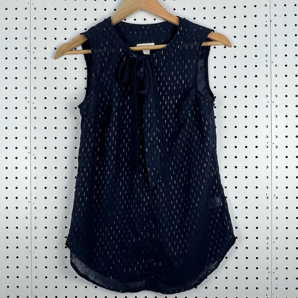 Merona Women's Sheer V-Neck Sleeveless Blouse with Tie Size XS Blue Gold Office